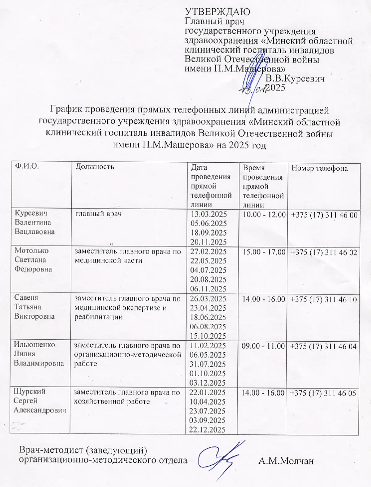 График проведения «прямых телефонных линий»